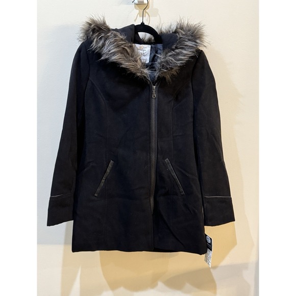 Maralyn & Me Juniors' Faux-Fur-Trim Asymmetrical Hooded‎ Coat, Black Size Small - Picture 3 of 13